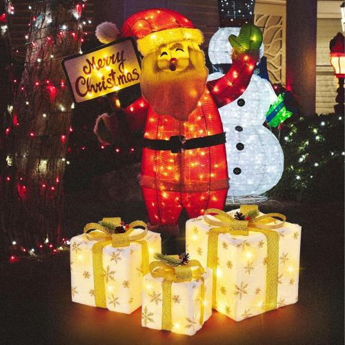 Set of 3 Christmas Lighted Gift Boxes, Plush Pre-lit 70 LED Light Up Present Boxes with Gold Snowflake, Battery Operated Christmas Decorations for Indoor Home, Housen Solutions