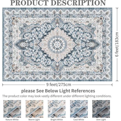 Size  6x9 Color Grey  Area Rugs for Living Room, Machine Washable Vintage Rug, Non-Slip Low Pile Throw Rugs with Rubber Backing Washable Carpet for Bedroom Dining Room Kitchen Home Decor,