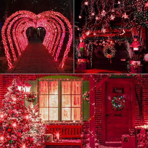33ft 100 LED Red Christmas Lights, 8 Modes LED String Lights Outdoor Waterproof, Clear Wire LED Lights for Valentine's Day, Bedroom, Party, Christmas, Halloween Decor-Red