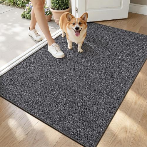 Ultra Thin Indoor Door Mat for Entrance 32x48, Non Slip Entryway Mat, Low Profile Doormat, Unique Herringbone Design Carpet for Inside, Patio, Porch, Charcoal Gray