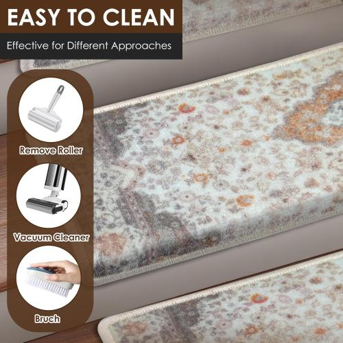Brakki Bullnose Stair Treads for Wooden Steps, Non Slip Stair Carpet for Indoor Runner and Pets, Soft Edging Staircase Protectors Reusable, Washable, 29.5x9.5x1.5 14pcs, Beige and Grey