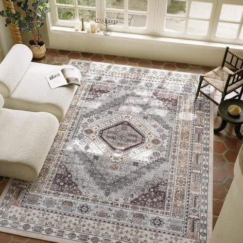 9x12 Rugs for Living Room: Washable Boho Large Neutral Vintage Soft Area Rug Indoor Stain Resistant Non-Slip Carpet for Bedroom Dining Room Playroom Office Home Decor- Brown Grey