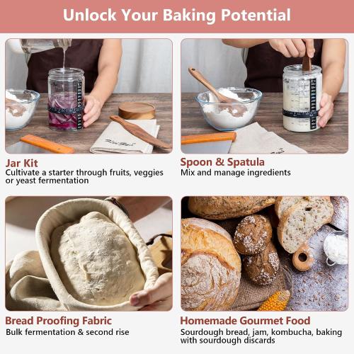 KIIZYS Sourdough Starter Kit – 2 x 34 oz Wide-mouthed Glass Jars, with Acacia Koa & Beechwood Utensils & Lids – Organic Cotton Fabrics, Tracker Bands, & Temp Stickers - Sourdough Bread Baking