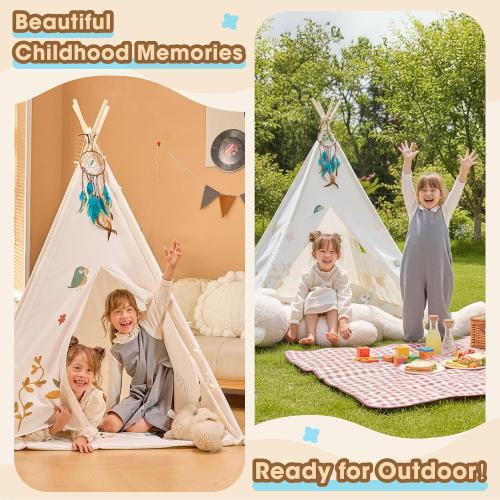 Teepee Tent for Kids with Colorful Flag, Kids Play Tent Indoor with Thicked Mat & Dream Catcher, Toddler Tent with Storage Pockets and Mesh Window for Reading Nook and Imaginative Games
