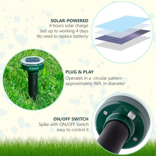 Gopher Repellent Ultrasonic Solar Powered - Mole Repellent Stakes Outdoor Pet Safe - Groundhog Repeller Snake Rodent Gopher Spikes Chaser - Sonic Mole Deterrent Devices (4)
