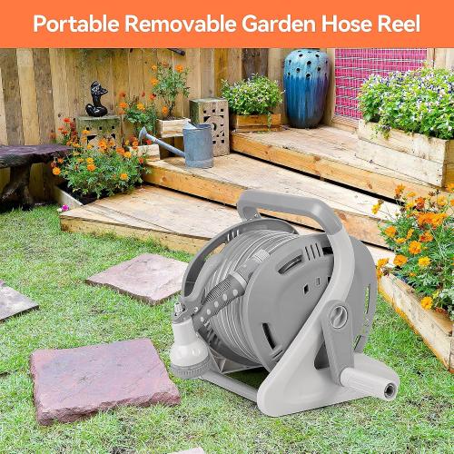 Flora Guard Garden Hose Holder With 1/2 Inch 65Ft Freeze-resistant UV Software, Hose Reels Wall Mount, Removable Hose Reel, 3/4 Pressure Fitting and 9-Pattern Nozzle, Gray