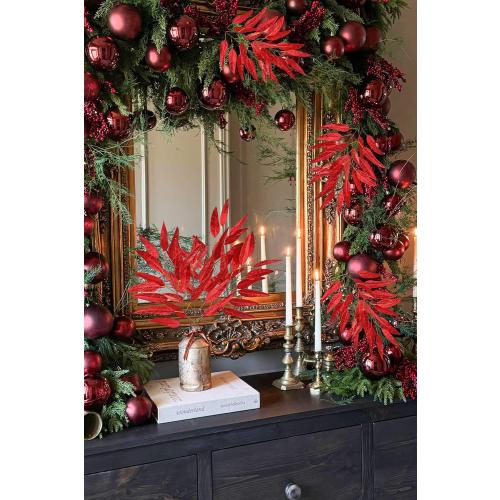 DILATATA 33.5 Red Leaves for Christmas Tree, Glitter Christmas Leaf Stems, Non-Shedding Shiny Sequin Fabric Christmas Picks for Wreath, Centerpiece Decor