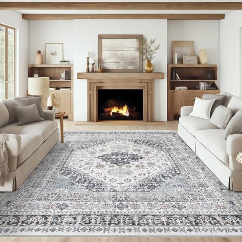 Washable Rug 8x10 Area Rugs for Living Room - Stain Resistant Non-Slip Backing Rugs for Bedroom - Vintage Large Area Rug (Grey/Beige, 8'x10')