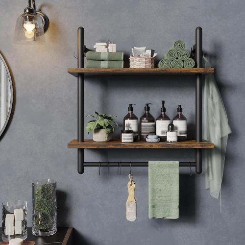 Bestier 24 Floating Kitchen Shelves Wall Mounted 2 Tier Coffee bar Shelves with 8 Hooks, Industrial Wall Shelf for Kitchen, Living Room Bedroom, Rustic Brown