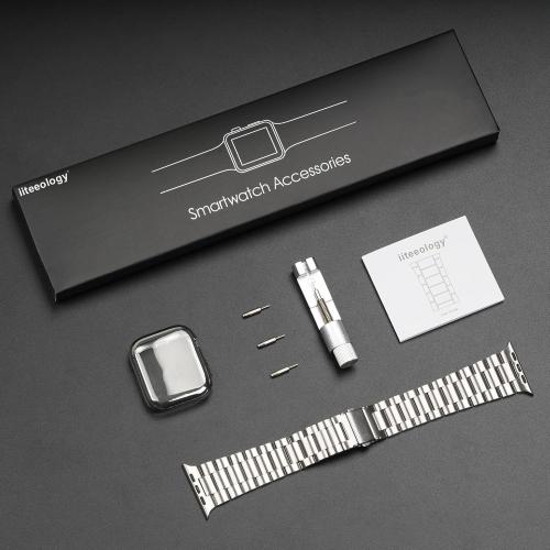 iiteeology Compatible with Apple Watch Bands 44mm Series 6 5 4 Se, Upgraded Stainless Steel Band with iWatch Screen Protector Case for Men Women Silver/Silver