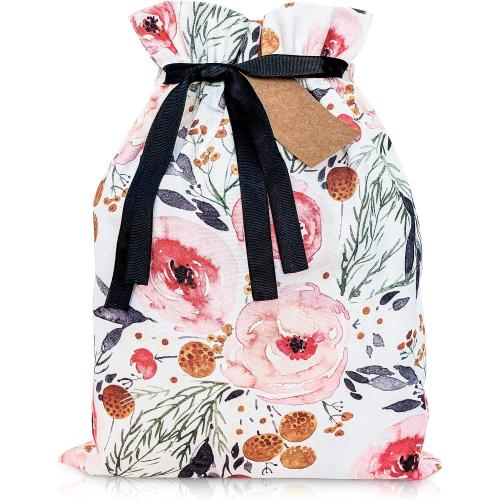 Gather & Knot Drawstring Gift Bags | 16 Medium | Premium Canvas | Reusable Fabric Wrap for Mother's Day, Weddings, Bridesmaids, Birthdays - All Occasion | Pink Floral
