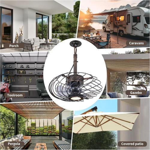 Black Gold 15 Outdoor Ceiling Fan with Light, Waterproof Gazebo Fan Remote Control, Dimmable LED Light, Hanging Black Caged Ceiling Fixtures with Plug in Cord for Patios Pergola, Black Gold