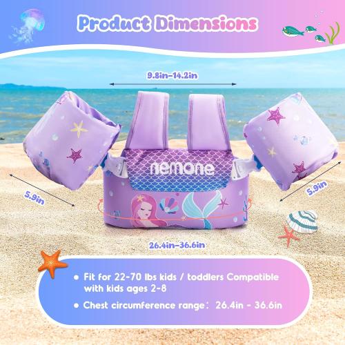 Purple Nemone Toddler Swim Vest for 22-70 lbs Kids Floaties Swim Jacket with Arm Water Wings for Girls Boys 1 2 3 4 5 6 7 Years Old Beach Pool 20 30 40 50 60 66 Pounds Puddle Jumper