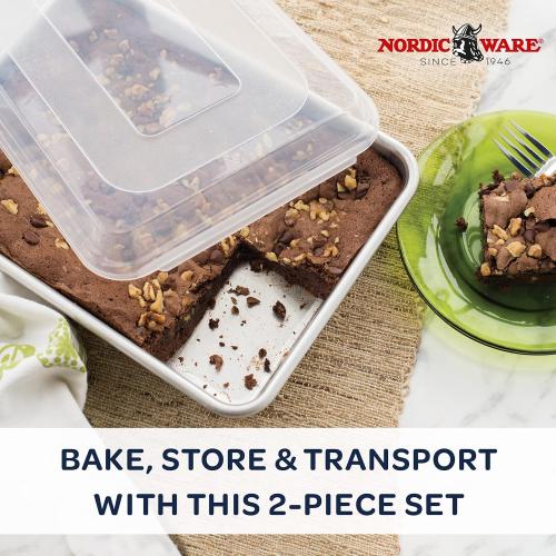 Nordic Ware Natural Aluminum Commercial Cake Pan with Lid, Rectangle Pan with Lid Silver, 9 x 13        6 Enameled Cast Iron Skillet Light Gray - Figmint™: Even-Heating, Oven-Safe, Hand Wash, Non-Induction Compatible Sage Green (item chipped)