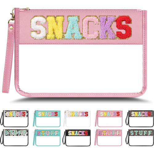 Large Chenille Letter Clear Zipper Pouch for Travel, Nylon Makeup Letter Bag, PVC Waterproof Cosmetic Bag, Snack Bags for Women Girls, Clear Stuff Bags For Travel(Pink-Snacks)