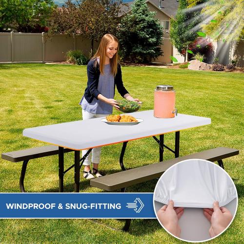 Fitted Tablecloth for 6 Foot Rectangle Tables-6 Pack White Elastic Outdoor Picnic Table Cover-Spandex Stretch Folding Table Cloths 6 ft for Camping Dining Room Patio Kitchen Banquet Party