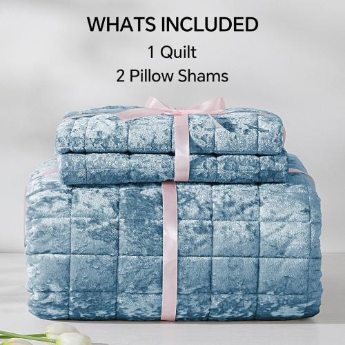 Velvet Quilt Set King Size - Luxury Velvet Comforter Bedding Set 3 Pieces, Lightweight Soft Cozy Shiny Dusty Blue Oversized Bedspread Coverlet for All Seasons with 2 Pillow Shams