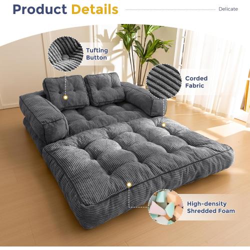MAXYOYO Folding Sofa Bed, L-Shaped Convertible Sofa Bed with Armrest Foldable Sleeper Couch with Pillow, Portable Fold Out Chair Comfy Floor Couch Lounge for Living Room Bedroom, Dark Grey, Double