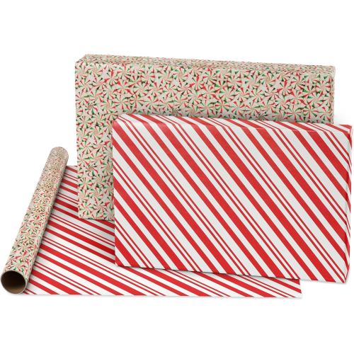 American Greetings 120 sq. ft. Vintage Christmas Wrapping Paper Bundle, Gingerbread, Ornaments, Peppermints (3 Extra Wide Rolls 40 in. x 12 ft.)