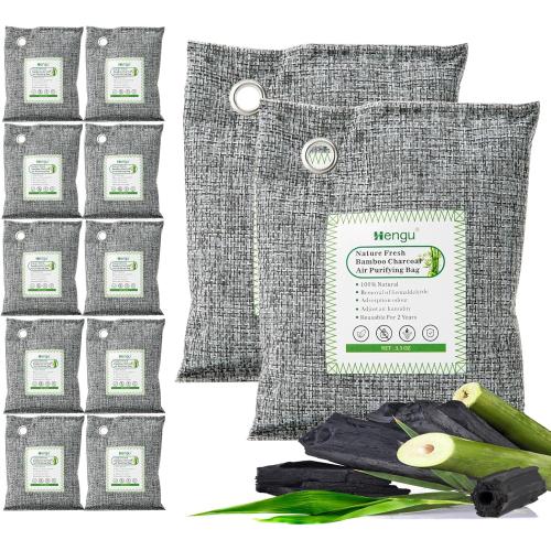 Size Large Set of 12 Activated Charcoal Odor Absorber (Large, 12 Pack, 100g each), Natural Charcoal Bags Odor Absorber Bamboo Charcoal Air Purifying Bag for Home, Fridge, Cabinet