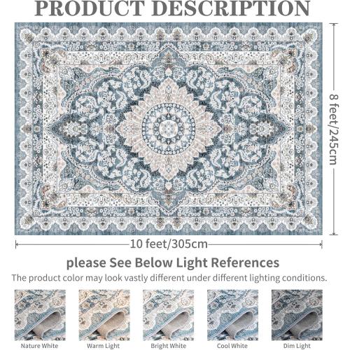Foxmas 8x10 Area Rugs for Living Room, Machine Washable Vintage Rug, Non-Slip Low Pile Throw Rugs with Rubber Backing Washable Carpet for Bedroom Dining Room Kitchen Home Decor, Blue
