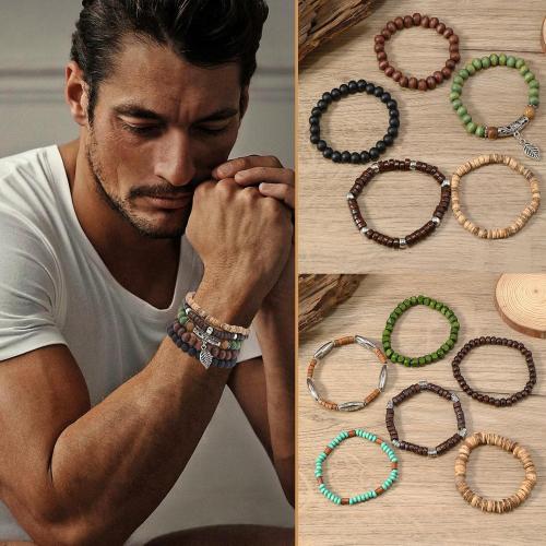 SONNYX 30Pcs Punk Wooden Beads Bracelets Gothic Bracelet for Men Adjustable Vintage Beaded Bracelet Metal Set Wood Bangles Wristbands Commemorative Gift