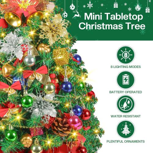 2FT Mini Christmas Tree, Artificial Tabletop Christmas Trees with 60 LED Lights, Prelit Small Christmas Tree, 100 Branch Tips, 80 Ornaments, Indoor Christmas Table Decor for Home Party