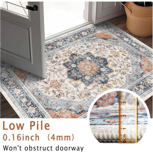 vivorug 3x5 Rug, Boho Small Area Rug for Living Room, Bedroom, Kitchen, Machine Washable Non-Slip Throw Rug, Vintage Floral Carpet for Entryway Nursery Coffee Table - Durable (Orange/Navy)