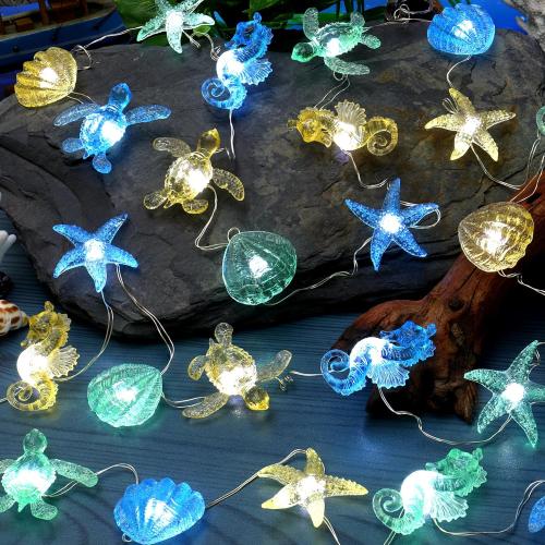 Ocean Themed Decorative Lights String of Marine Life Fairy String Lights Coastal Decor 10ft 30 LEDs Battery Operated with Remote Control for Beach Bedroom Decoration