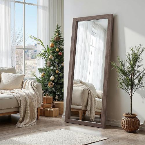 Size 56x20 Color brown Full Length Wooden Mirror for Wall or Floor, 56x20 Rustic Farmhouse Solid Wood Frame with Stand, Large Rectangular Wall-Mounted or Leaning Mirror for Bedroom, Living Room, Entryway