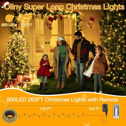 Ollny Christmas Lights 262FT 800LED, Plug-in Outside Tree Lights with Timer and 8 Modes, Remote Control Waterproof Dimmable Outdoor String Light for House Yard Patio Xmas Decorations(Warm White)