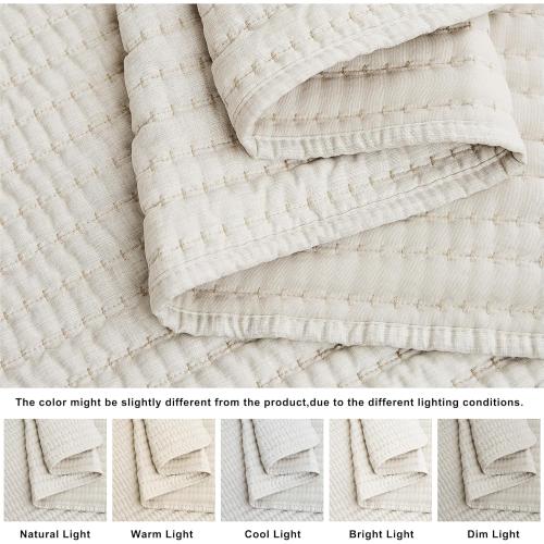 WDCOZY Beige Pick Stitch King Size Quilt Set, Striped Lightweight Soft Summer Spring Bedspread, Bamboo Linen Like Textured Coverlet, Chambray Farmhouse Country Rustic Bedding, Netural Thin Comforter