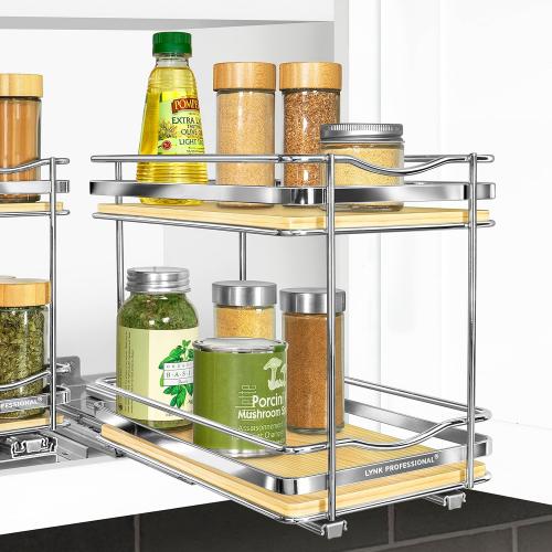 LYNK PROFESSIONAL® Élite™ Pull Out Spice Rack Organizer for Inside Kitchen Cabinets - 6-3/8 inch Wide - Slide Out Drawer – Wood/Chrome Sliding Spice Organization for cabinet - Spice Racks - 2 Tier
