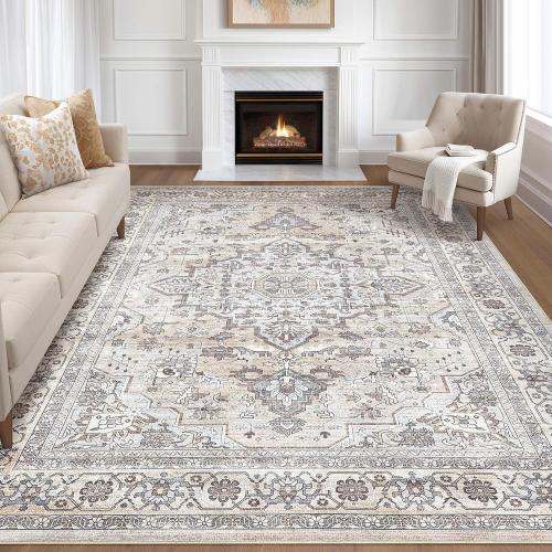 Area Rug Living Room: Washable Boho Large Neutral Vintage Soft Rugs Stain Resistant Farmhouse Non Slip Indoor Floor Carpet for Bedroom Nursery Kids Playroom Office Dining Room Home- Ivory Gray
