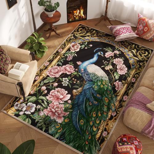 Area Rugs 8x10 Rug for Living Room Clearance Washable Floral Peacock Non Slip Vintage Low Pile Large Rug for Living Room, Bedroom, Farmhouse, Dining Room, Kids Playroom(Black)