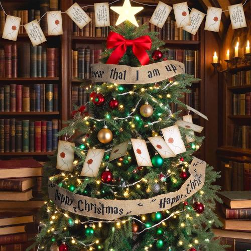 2 Set 62''x 4'' Christmas Tree Burlap Ribbon Garland, Wizard Burlap Ribbon Tree Decoration with 2 String Letter Cards, Xmas Rustic Burlaps Ribbons Decor for Christmas Hanging Home DIY Craft
