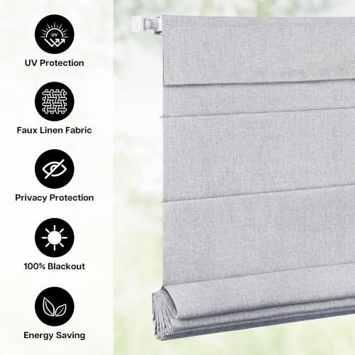 LazBlinds No Drill Roman Shades for Windows, Cordless Blackout Window Shades with UV Protection, Polyester Fabric for Bedroom & Living Room, 34 W x 64 H, Grey