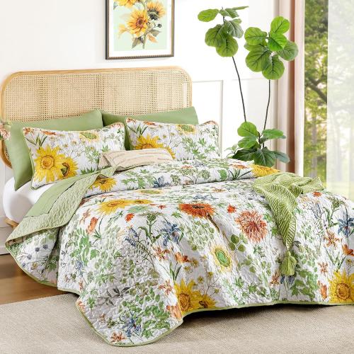 Yiran Floral Quilts ,Sunflower Botanical Bedspreads, Sage Green | Soft Lightweight Bedding Set, Microfiber Coverlet with 2 Pillow Shams, Summer Bed Sets for All Season