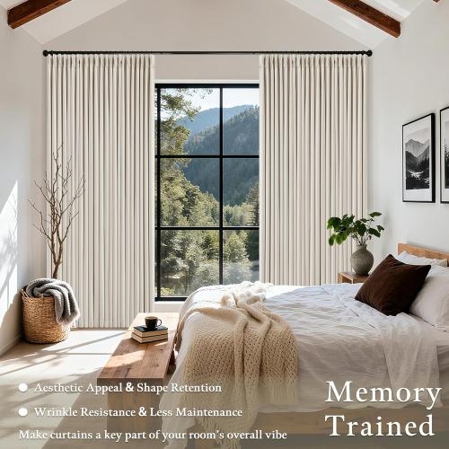 Extra Wide Pleated Linen Blackout Curtains 84 Inches Long for Bedroom Sliding Glass Door Memory Trained Pinch Pleat Double Layer Black Out Room Darkening Heat Blocking Curtain 70W x 84L 1 Panel