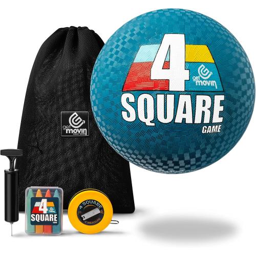 GETMOVIN SPORTS 4 Square Game Kit with Premium 4 Square Ball (8.5”) Hand Pump Air Needle 4 Brightly Colored Chalk Sticks with Container Soft Tape Measure Premium Storage Bag Outdoor Portable Fun!