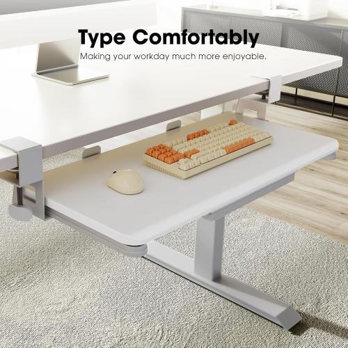 Fenge Keyboard Tray Under Desk, Pull Out Keyboard & Mouse Tray with C Clamp Mount, Sliding Keyboard Holder for Desk, 25.6 x 11.8 inch Large Slide-Out Platform Computer Drawer for Typing, White