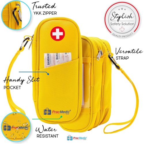 PracMedic Bags Diabetes Travel Case- 2 Tier Epipen Carrying Case for Epi Pens or Epipen Trainer, Auvi Q, Inhaler & Spacer, Diabetic Supplies & First Aid - Insulated Medicine Travel Bag (Yellow)