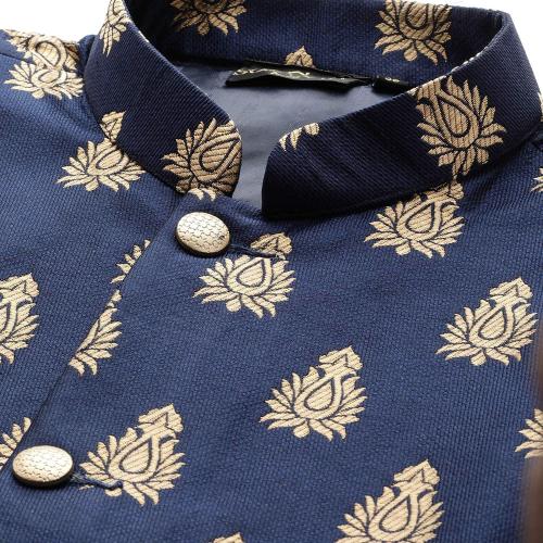 Size 44 Color Blue and Gold Sojanya (Since 1958, Men's Silk Blend Magenta & Gold Self Design Nehru Jacket