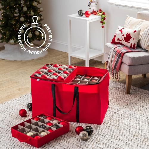 ZOBER Christmas Ornament Storage Box - Stores 200 3 Ornaments with Individual Trays - Tear Proof 600D Oxford Fabric - ornament organizer storage box (Red, 200-3 Ornaments)