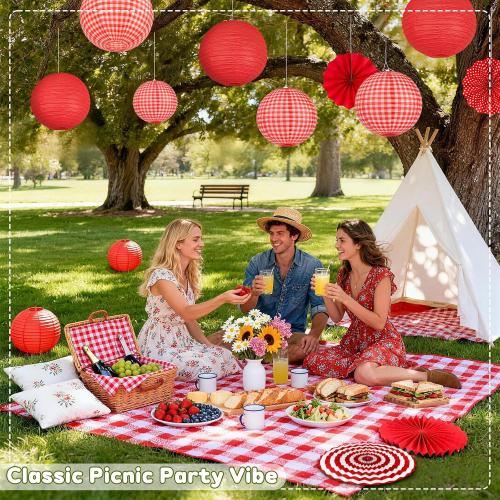 15 Pcs Red Gingham Party Decorations, 12 Inch Hanging Paper Lanterns and Fans for Picnic, BBQ, Pizza Party, Crawfish Boil, Birthday, Baby Shower, Graduation