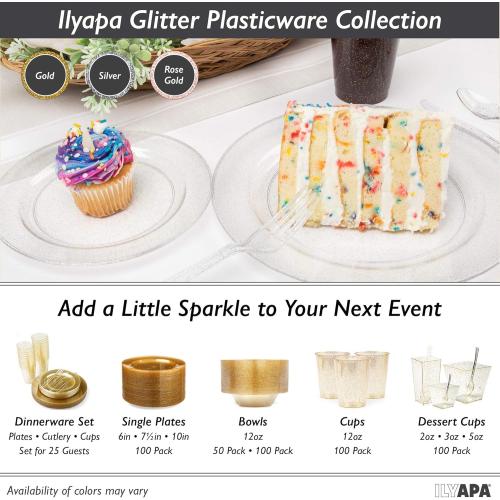 Ilyapa 100 Pack 12 ounce Gold Plastic Bowls, 12 oz Heavy Duty Disposable Plastic Bowl, for Salad, Soup and Dessert, Wedding, Party Brunch, Gold Glitter