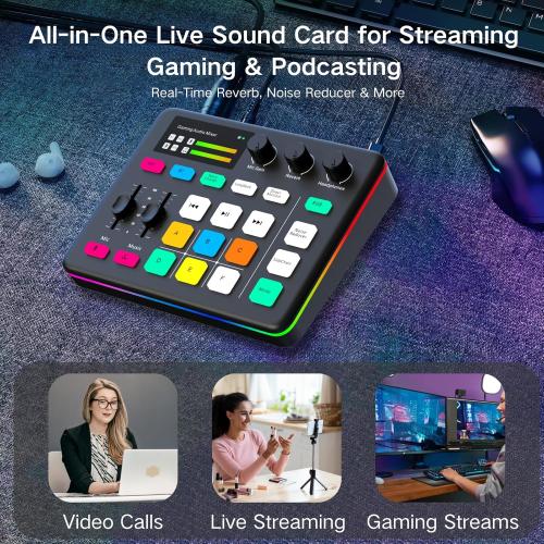 HOSONGIN Gaming Audio Mixer, Audio Interface with Pro-preamp, Voice Changer & DJ Mixer Effects, 48V Phantom Power, Bluetooth & RGB Live Sound Card for Streaming, Podcasting, Gaming