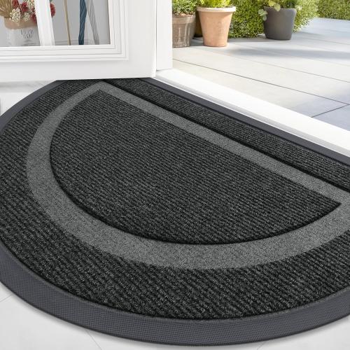 OLANLY Half Circle Door Mat Indoor Outdoor Entrance Welcome, Waterproof All-Season, All-Weather Doormat, Sturdy Natural Rubber, Low Profile, Easy Clean Patio Porch Entryway Mat, Black