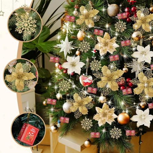 76PCS Christmas Tree Decorations Set, Gold Christmas Ornaments Poinsettia Flowers Artificial Christmas Balls Star Topper Berry Stems Snowflakes Mesh Ribbons for Xmas Tree Decor (13 Style)