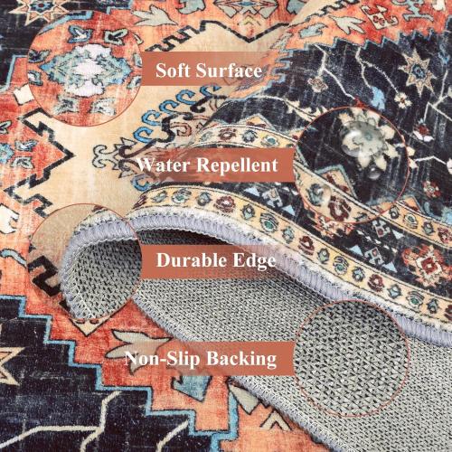 Yamaziot Washable Area Rugs 5x7 – Non Slip Boho Vintage Rug for Bedroom, Low Pile Floor Carpet Soft Distressed Rug for Living Room, Bedroom, Dining Room, Black Navy Blue